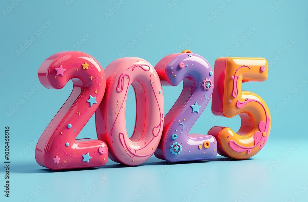 Fototapete realistic holographic figures of 2025 in 3d. 3d visualization of a merry christmas and new year 2025