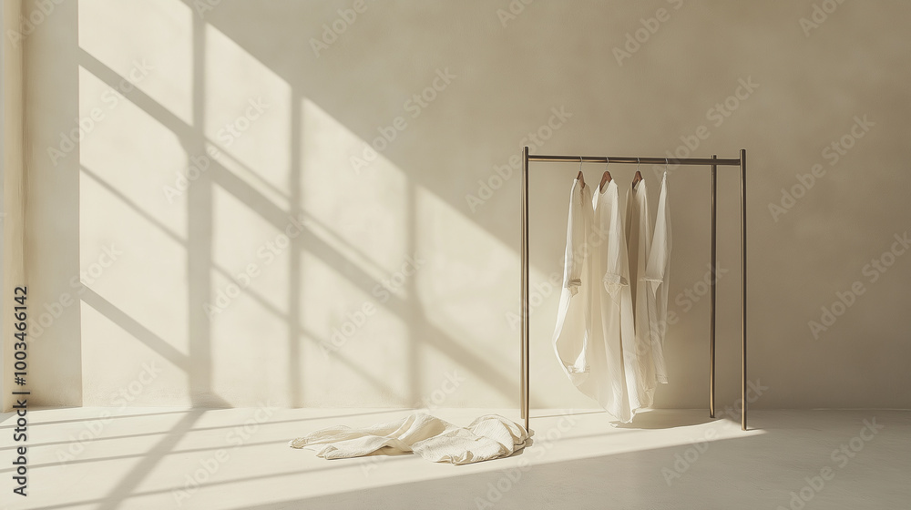 Poster minimalist clothes rack displaying white clothes with sunlight from window
