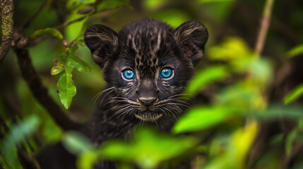 Black panther cub hiding in the jungle