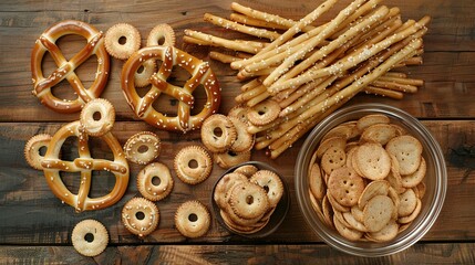 Fototapeta premium Delicious Snacks on Display: Pretzel Crackers and Salty Sticks on a Wooden Table, Flat Lay