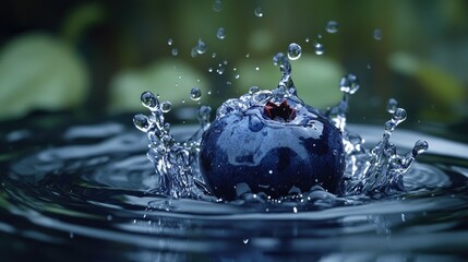 Blueberry entering water, creating a high-speed splash, surrounded by tiny droplets and ripples.