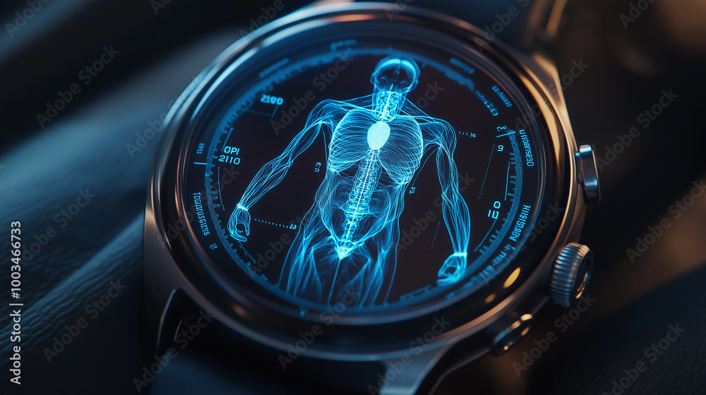 Poster smart watch displaying human anatomy showing internal organs and skeleton