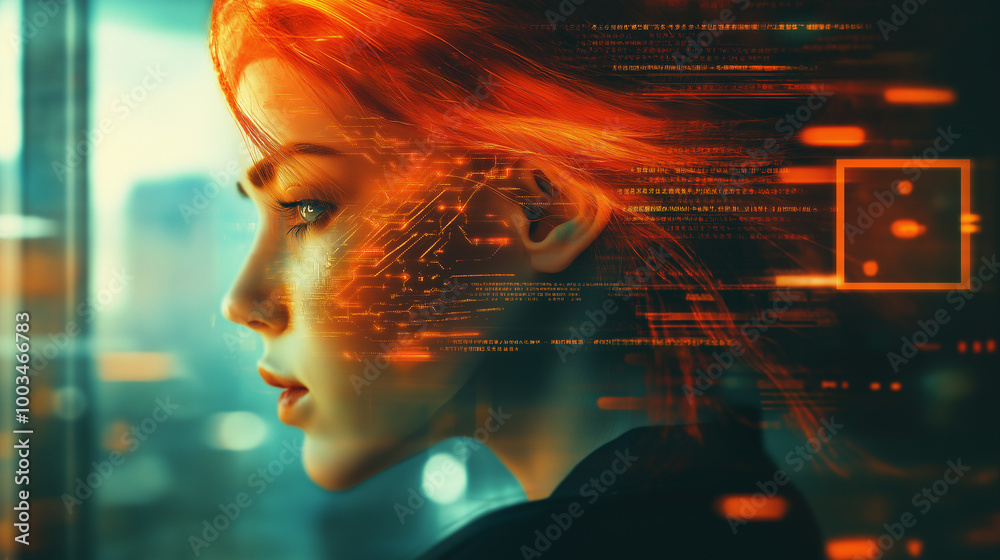 Poster Businesswoman looking through window with code data visualizations