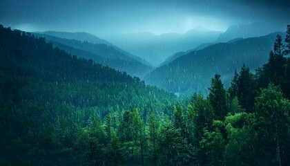Fototapeta premium A rainy and peaceful night view in a mountainous woodland. Shades of green and blue attract attention. The front of the camera is open like a plain, and it looks out at the dense forests opposite.