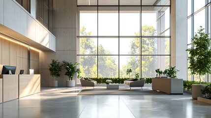 Fototapeta premium Modern office building lobby with large windows, wooden reception desk, and comfortable seating area.
