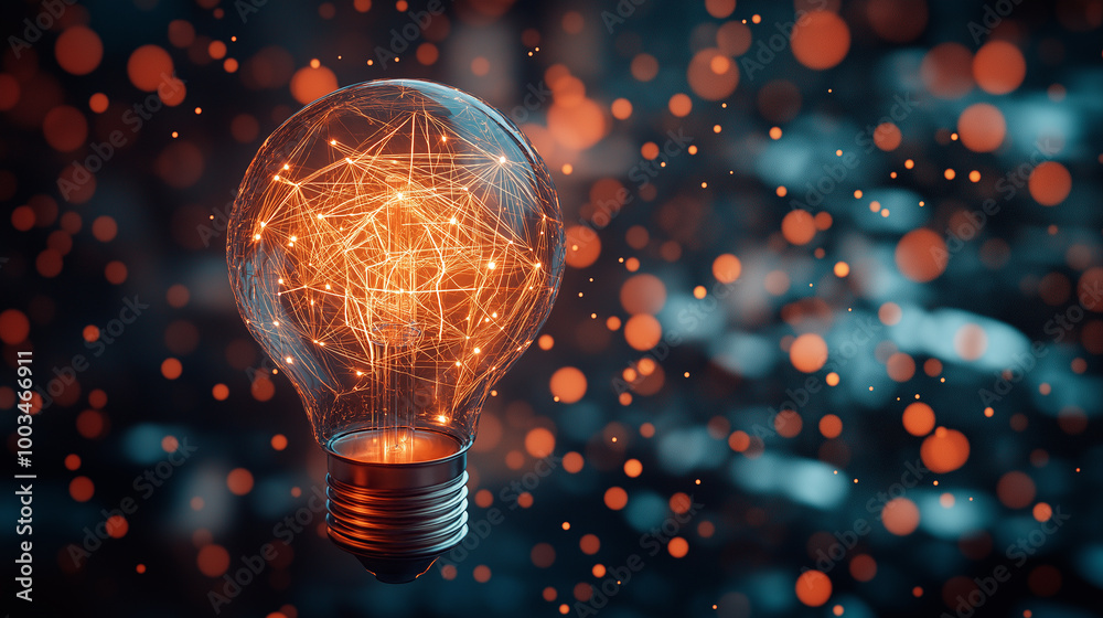 Fototapete Light bulb shining with network connection on bokeh background