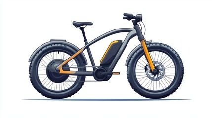 Fototapeta premium A black and orange electric bicycle with thick tires and a battery on the frame, isolated on a white background.