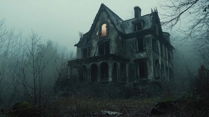 Abandoned House with a Glowing Window in a Foggy Forest
