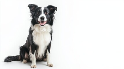 Fototapeta premium A black and white border collie sits on a white background, looking at the camera with a happy expression.