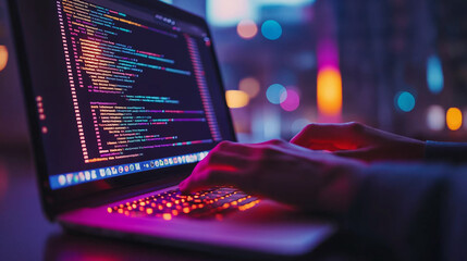 Software developer programming late night on laptop computer