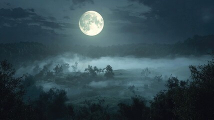 Fototapeta premium Full Moon Illuminates Foggy Forest Landscape at Night