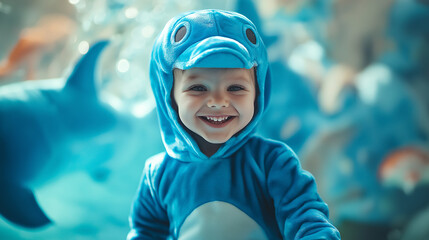 Happy child wearing dolphin costume smiling at aquarium