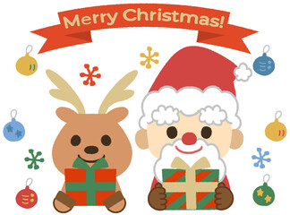 クリスマスを祝うサンタクロースとトナカイのイラスト