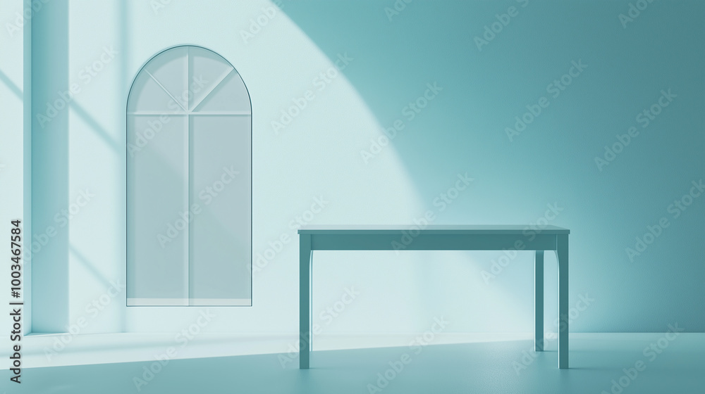 Aufkleber empty table standing in minimalist light blue room with arched window