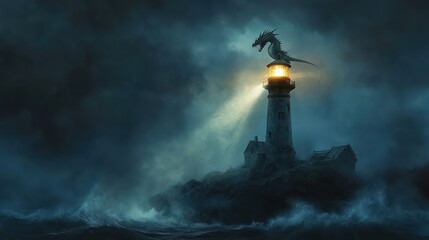 A dragon perched atop a lighthouse casts a guiding light across a stormy sea.