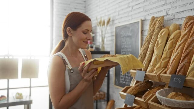 Woman enjoying the aroma of freshly baked bread in a charming bakery shop with various types of bread on shelves and a chalkboard menu in the background
