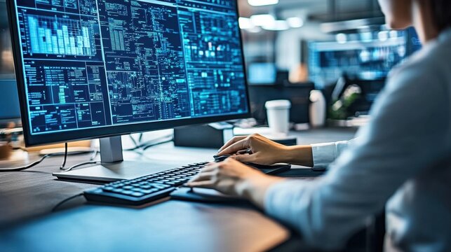 A dispatch center with a large screen tracking trucks in real-time, with data points like fuel consumption, location, and driver hours.