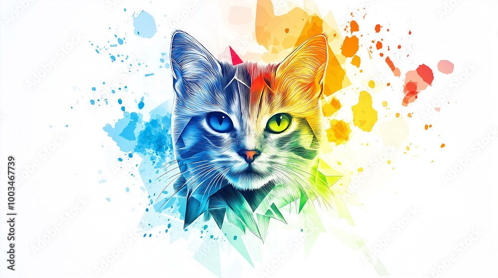 Poster colorful cat portrait with abstract geometric shapes and paint splatter