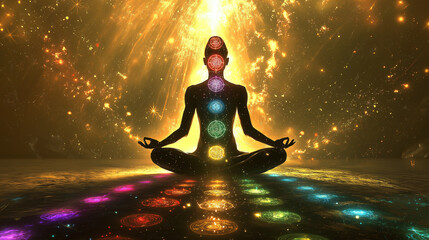 Woman meditating with seven chakras surrounded by golden energy field