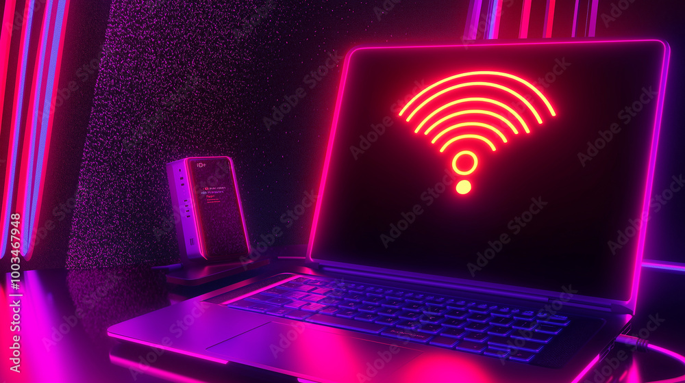 Poster Laptop showing wifi symbol with neon light in background