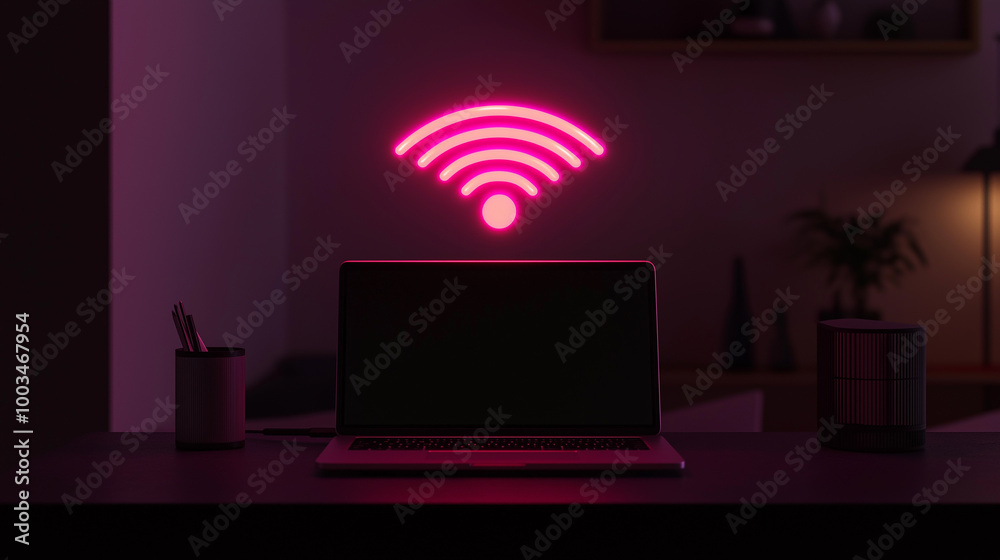 Poster laptop showing blank screen with neon wifi symbol glowing above