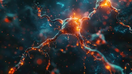 Abstract digital art with glowing orange and blue particles forming a complex network.