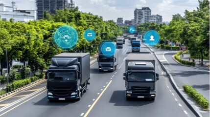 A fleet of trucks driving down a highway, with GPS signals and data points floating above each vehicle, representing real-time tracking.