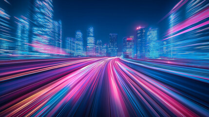 Obraz premium Light trails leading to a modern city skyline at night showing speed and progress