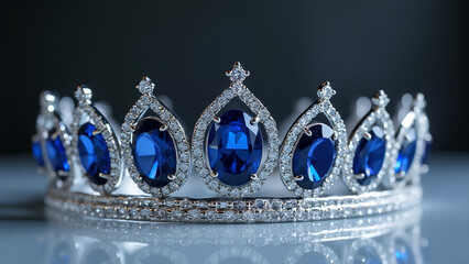 A silver crown adorned with sapphire gemstones elegantly displayed on a reflective surface
