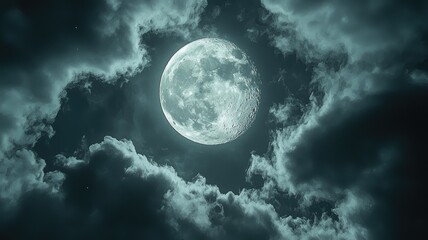 A Full Moon Peering Through Cloudy Night Sky