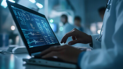 Medical doctor analyzing patient data on laptop in hospital operating room