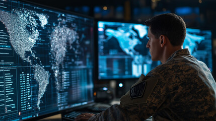 Military man working at night in system control room