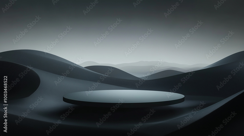 Poster minimalist black podium displaying on abstract black mountain background