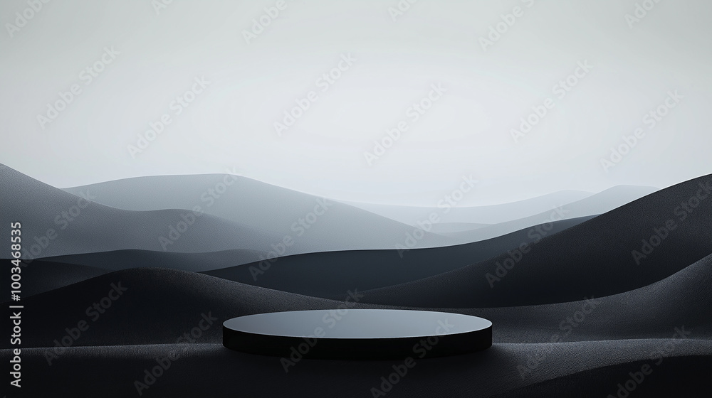 Poster black round podium displaying product with abstract mountain landscape background