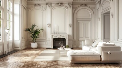 Luxurious hotel living room interior with wooden floor, fireplace, sofa and elegant decoration