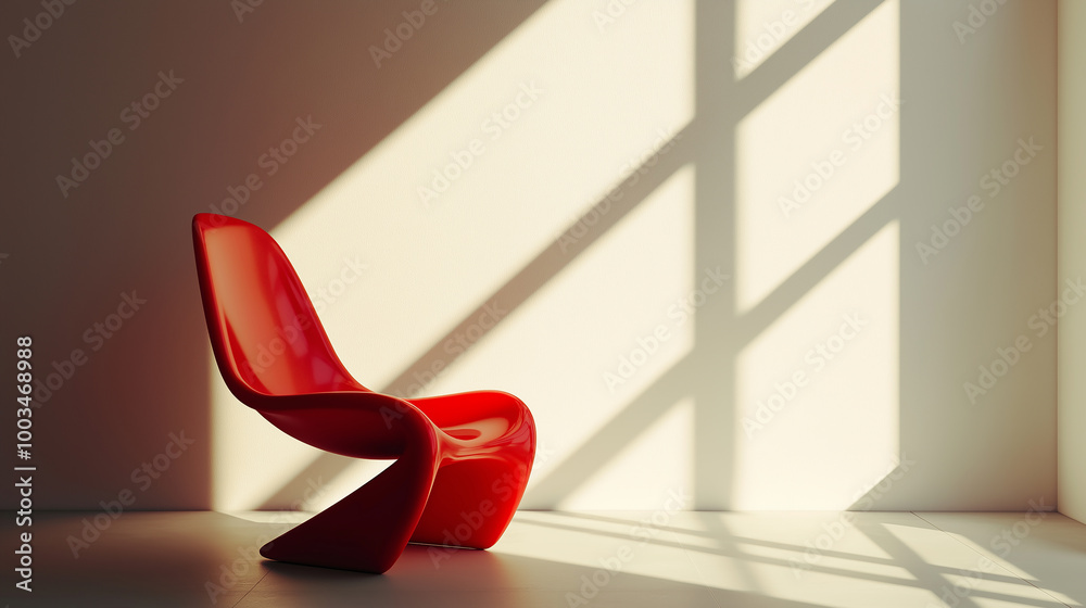 Poster red modern chair casting a shadow in an empty room