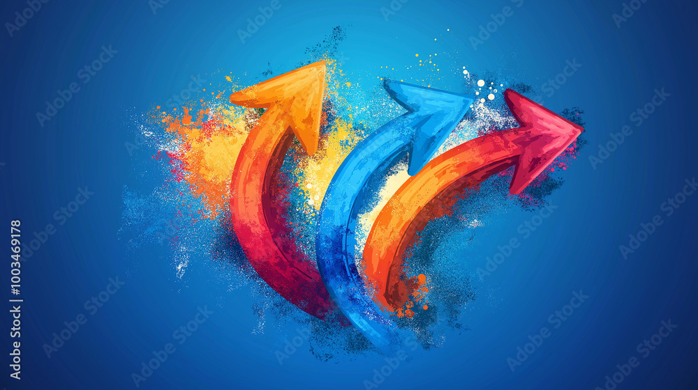 Poster colorful arrows pointing up with paint splatter effect on blue background