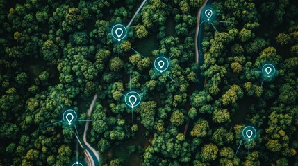 Aerial View of Forest with Location Markers and Paths