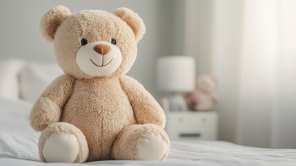 Fototapeta premium Cute teddy bear sitting on a bed, soft and cuddly, perfect for children.