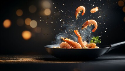 Captivating Shrimp Dish with Floating Prawns, Sprinkles of Spice, and Beautiful Smoke Effects Against a Dark Background for a Culinary Masterpiece