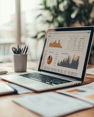 Laptop with data analytics and graphs on screen, modern workspace background.