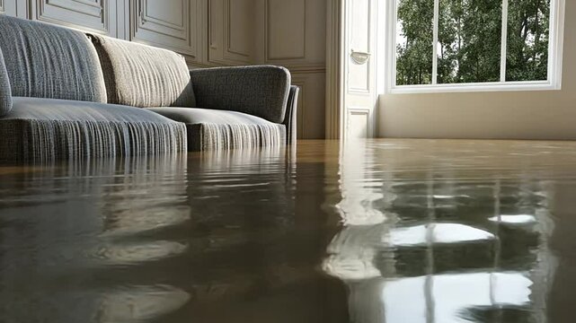 Flooded Living Room in a Home Insurance Claim for Water Damage Generative AI
