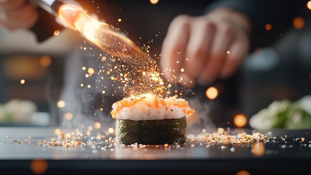 Experience the mesmerizing artistry of sushi preparation as the chef flamboyantly ignites garnishes, creating a sparkling spectacle above a delicately crafted sushi roll.