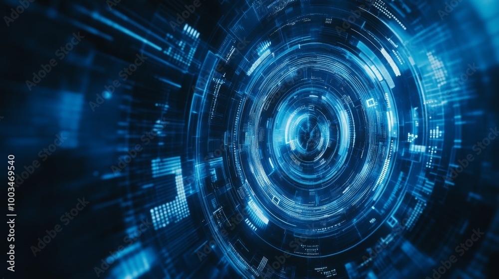 Fototapete A futuristic digital tunnel composed of vibrant blue lights and data streams, creating a sense of depth and movement.