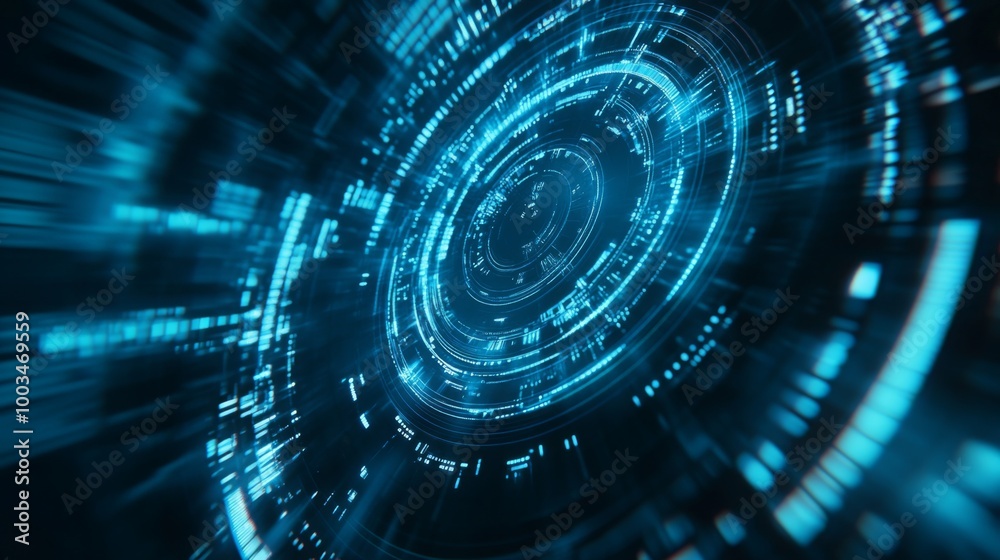 Poster A dynamic, abstract representation of circular data movements and digital patterns in a vivid blue hue, conveying a sense of speed and technology.