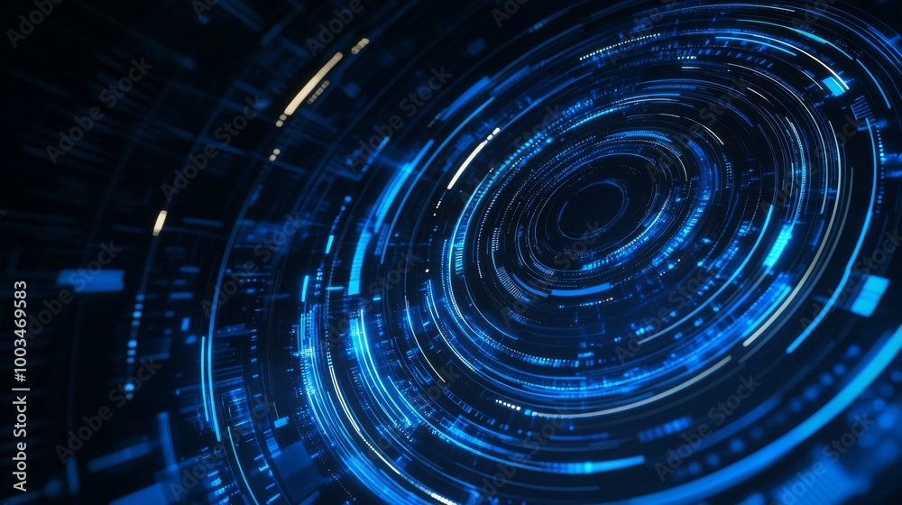 Leinwandbilder A futuristic digital abstract design featuring swirling blue lines and circular patterns, evoking a sense of advanced technology.