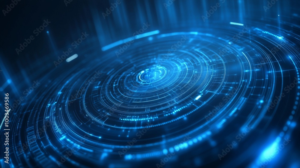 Poster a glowing, circular digital pattern with blue hues, representing futuristic technology and data visu