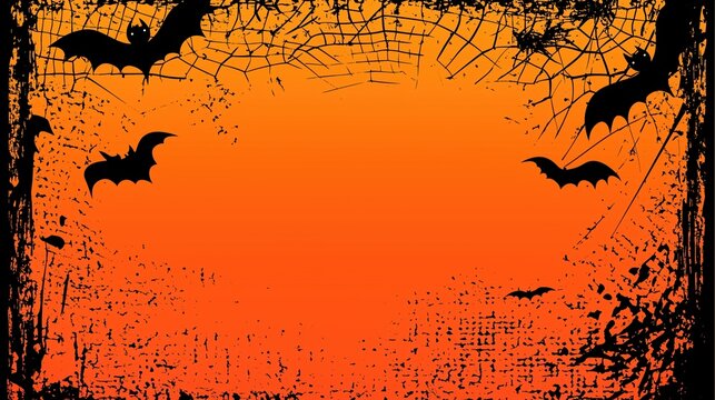 High contrast orange Halloween background with intricate spider web and flying bats along the borders, creating an eerie atmosphere. The central area provides ample space for customizable text, making