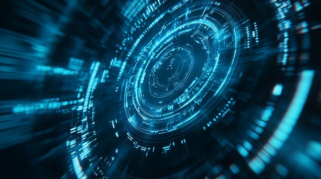 A dynamic, abstract representation of circular data movements and digital patterns in a vivid blue hue, conveying a sense of speed and technology.