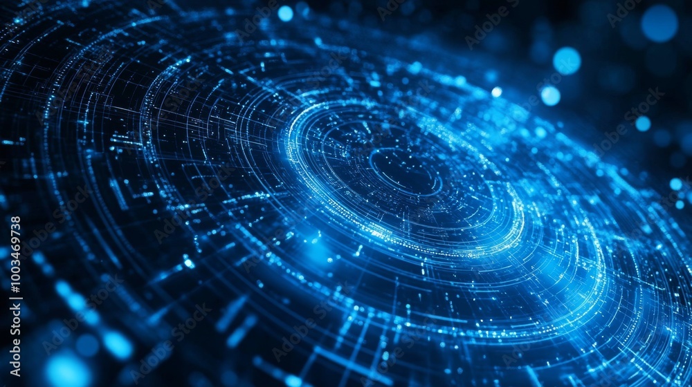 Fototapete An abstract representation of spiral patterns filled with glowing blue particles, evoking a sense of movement and depth in a digital universe.